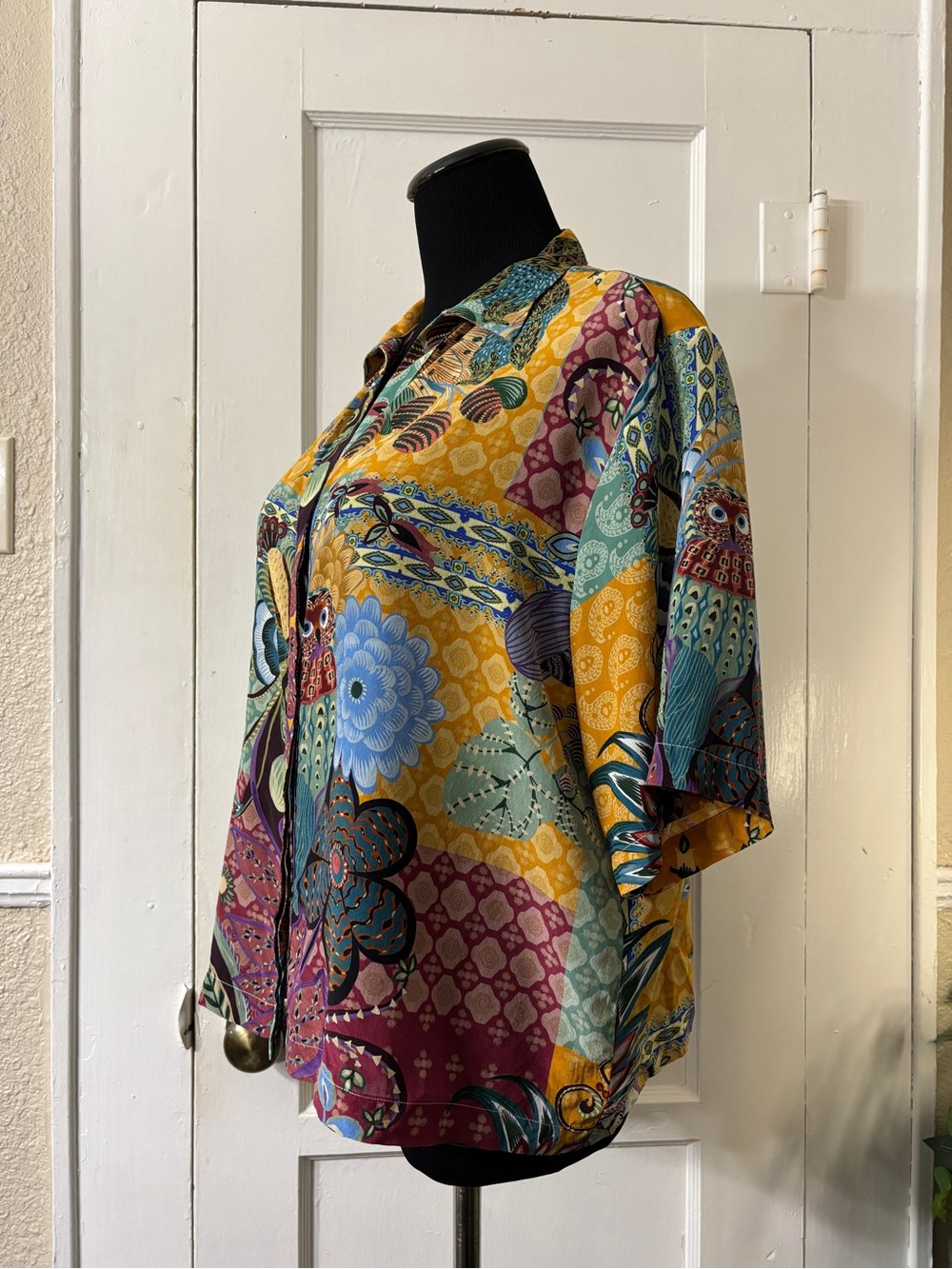 Johnny Was Vibrant Silk Patchwork & Owl Print Blouse - Picture 14 of 15